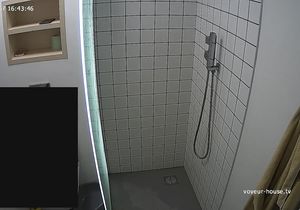 Slender girl is washing body while I am jerking off