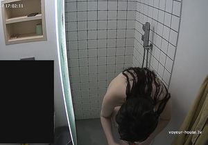 Slender girl is washing body while I am jerking off