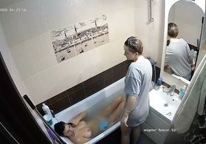 Nude roommate assisted in bathroom by girlfriend