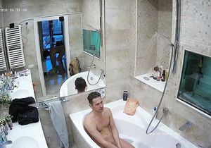 Brunette joins my relaxed roommate in bubble bath