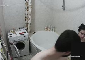 Pretty brunette takes shower before going to sleep