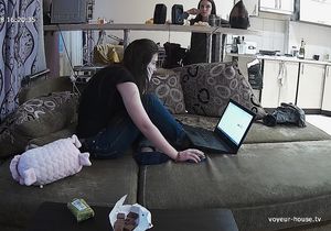 Pretty tenants eat juicy oranges and work on laptop