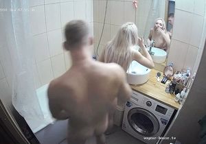 Roommate quickly stretches blonde GF in bathroom
