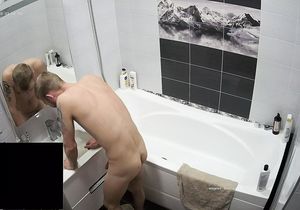 Friend and cute girlfriend come to bathroom after sex