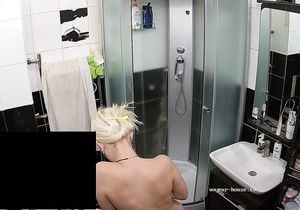 Small-tittied chick sits on toilet bowl before shower