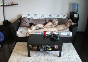 Excitement fills me when I watch naked couple lying on my couch
