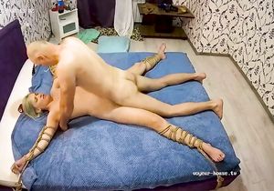 Bald boss uses young secretary for BDSM sex at home