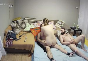Nerdy whore with glasses blows cocks of bearded guys